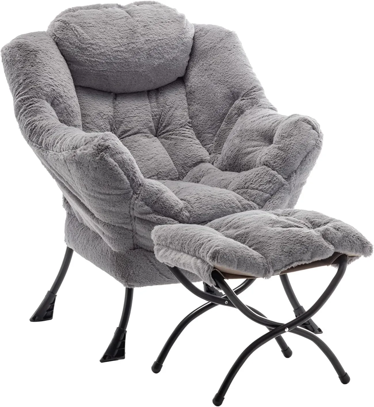 Lazy Chair with Ottoman, Modern Accent Lounge Leisure Sofa with Armrests, Reading Chair and Folding Footstool for Living Room, Bedroom, Office, Plush Grey