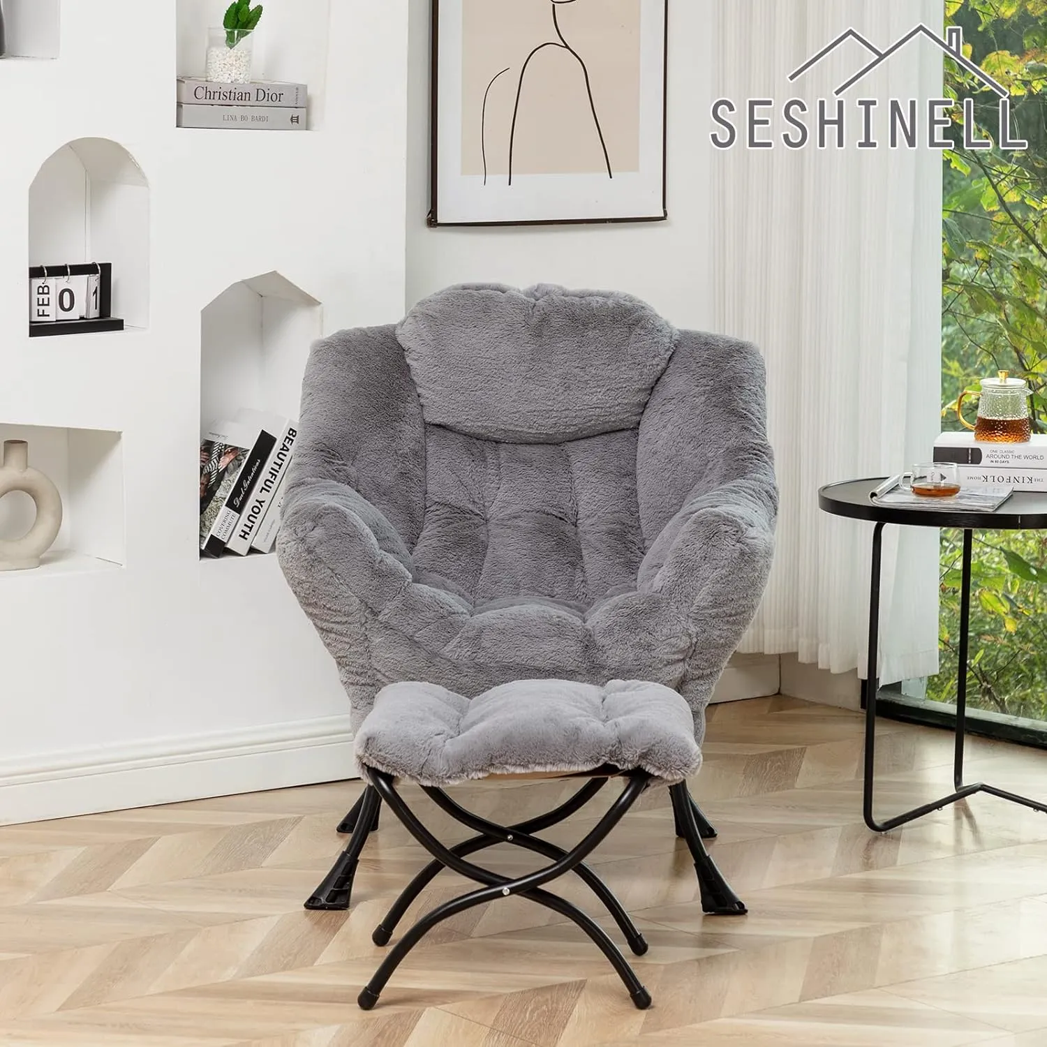 Lazy Chair with Ottoman, Modern Accent Lounge Leisure Sofa with Armrests, Reading Chair and Folding Footstool for Living Room, Bedroom, Office, Plush Grey