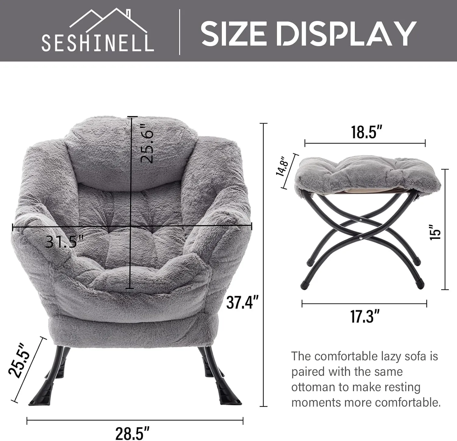 Lazy Chair with Ottoman, Modern Accent Lounge Leisure Sofa with Armrests, Reading Chair and Folding Footstool for Living Room, Bedroom, Office, Plush Grey