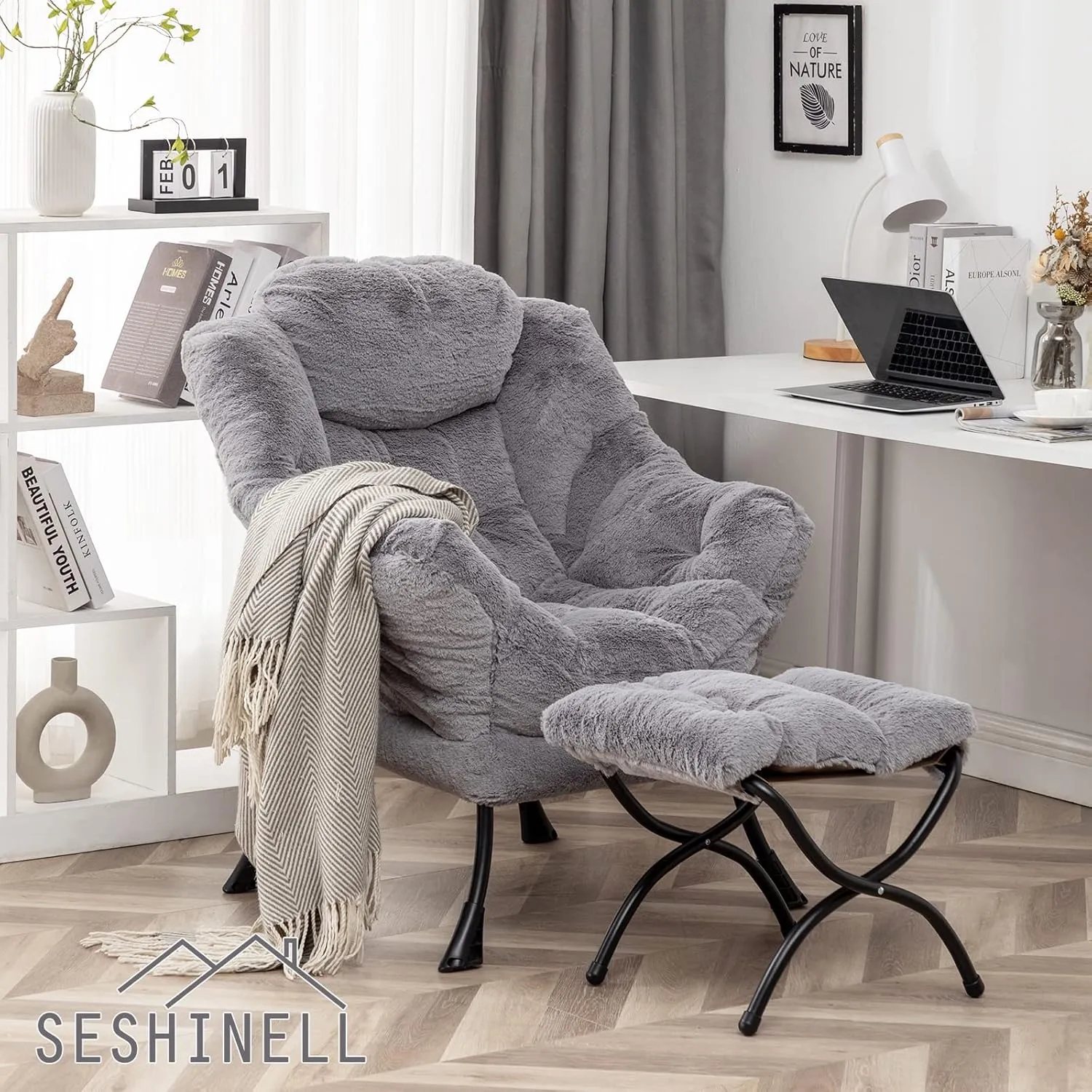 Lazy Chair with Ottoman, Modern Accent Lounge Leisure Sofa with Armrests, Reading Chair and Folding Footstool for Living Room, Bedroom, Office, Plush Grey