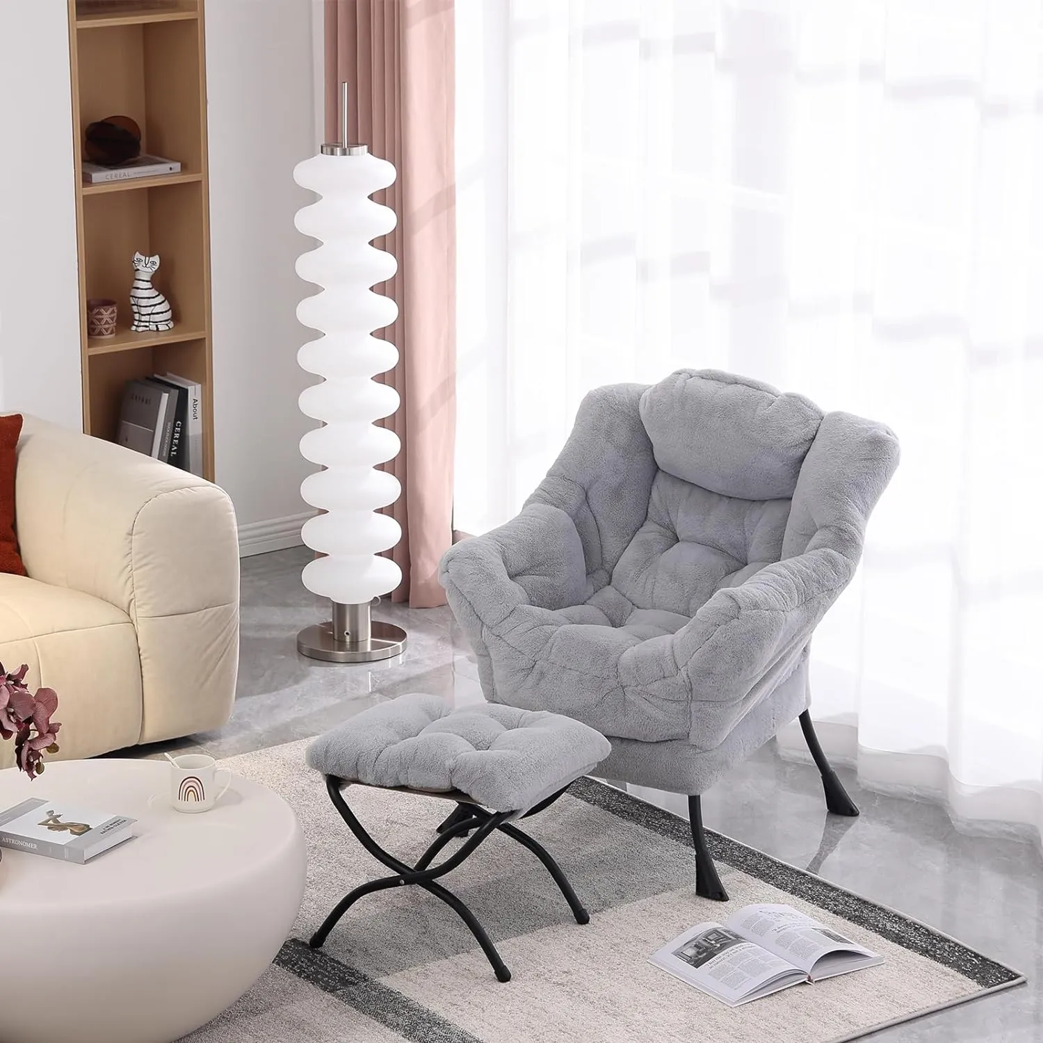 Lazy Chair with Ottoman, Modern Soft Reading Chair Accent Contemporary Lounge Leisure Sofa Chair with Armrests and a Side Pocket for Living Room, Bedroom, Dorm & Office, Plush Grey