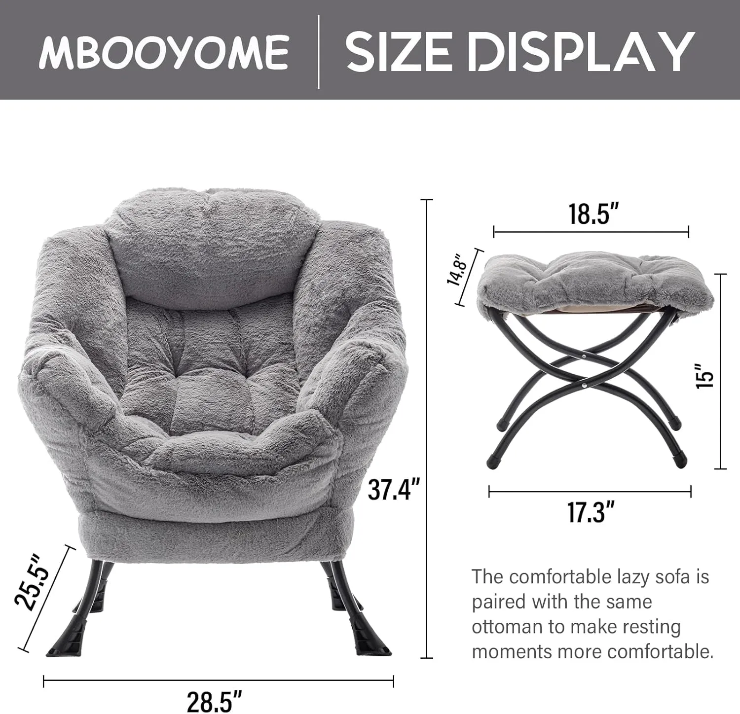 Lazy Chair with Ottoman, Modern Soft Reading Chair Accent Contemporary Lounge Leisure Sofa Chair with Armrests and a Side Pocket for Living Room, Bedroom, Dorm & Office, Plush Grey