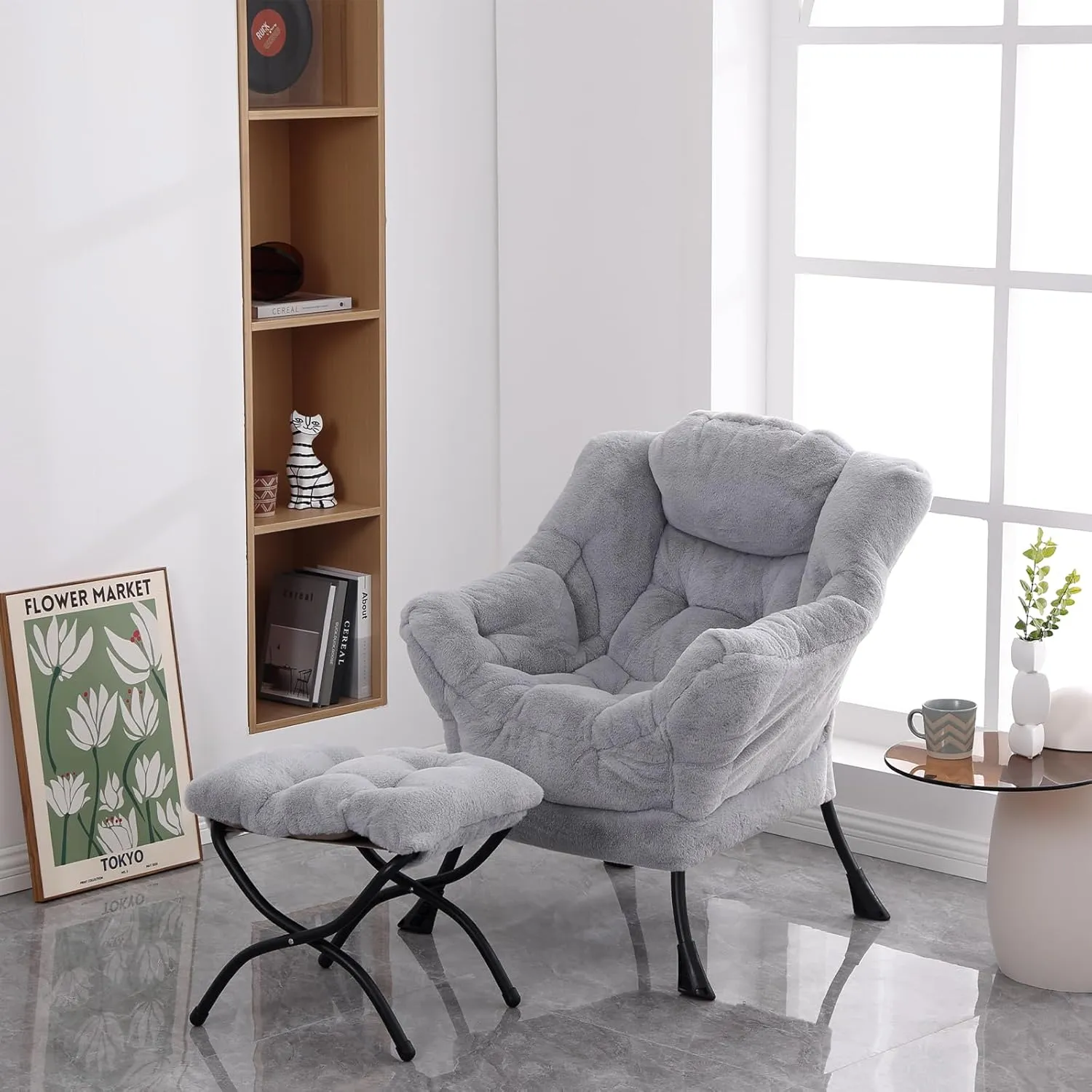 Lazy Chair with Ottoman, Modern Soft Reading Chair Accent Contemporary Lounge Leisure Sofa Chair with Armrests and a Side Pocket for Living Room, Bedroom, Dorm & Office, Plush Grey