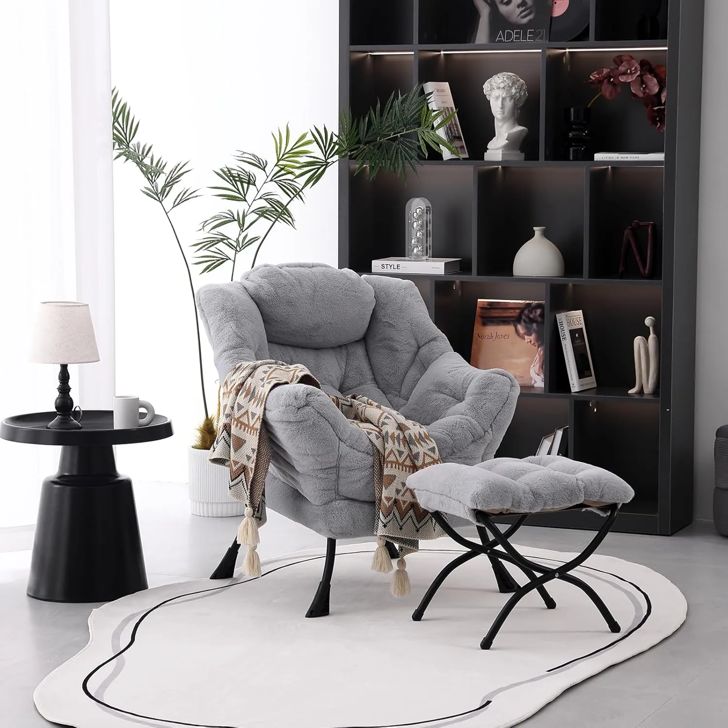 Lazy Chair with Ottoman, Modern Soft Reading Chair Accent Contemporary Lounge Leisure Sofa Chair with Armrests and a Side Pocket for Living Room, Bedroom, Dorm & Office, Plush Grey