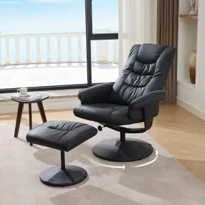 Leather Swivel Stressless Recliner with Ottoman - PU Leather Recliner Chairs for Adults, Swivel Recliner Chairs with Ottoman & Remote-Control Massage, Manual Recliner Chair with 360° Rotation (Black)