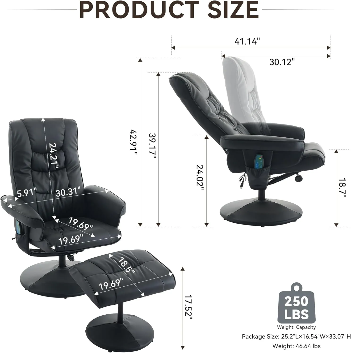 Leather Swivel Stressless Recliner with Ottoman - PU Leather Recliner Chairs for Adults, Swivel Recliner Chairs with Ottoman & Remote-Control Massage, Manual Recliner Chair with 360° Rotation (Black)