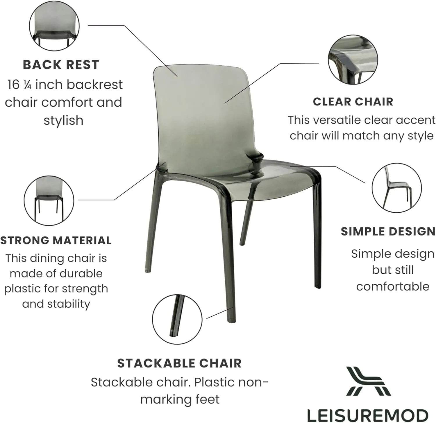 LeisureMod Adler Mid-Century Modern Dining Chair - Transparent Black Acrylic Contemporary Design for Kitchen, Dining Room, and Modern Home Decor