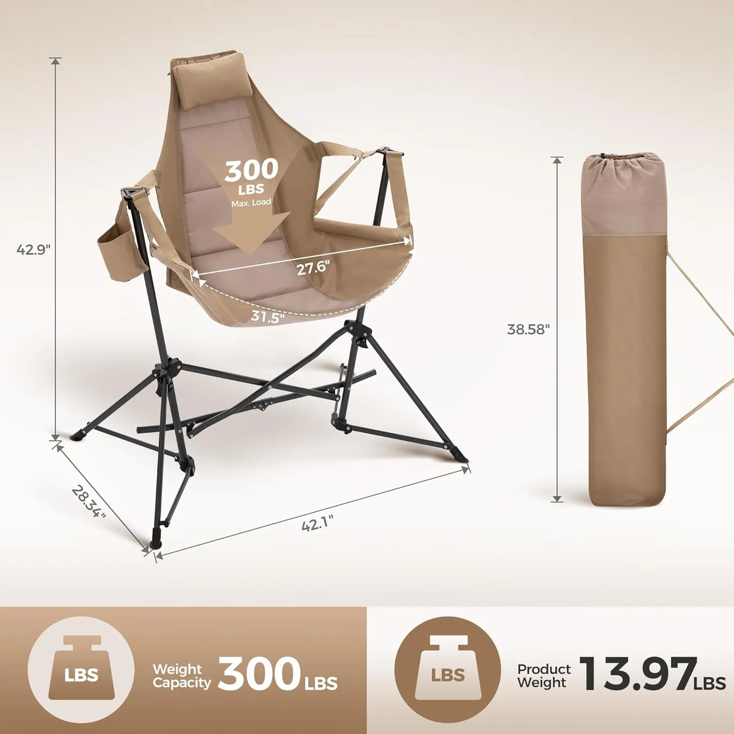 LET'S CAMP Hammock Camping Chair, Lightweight Portable Outdoor Chair for Camping and Hiking, Supports 300lbs, Khaki