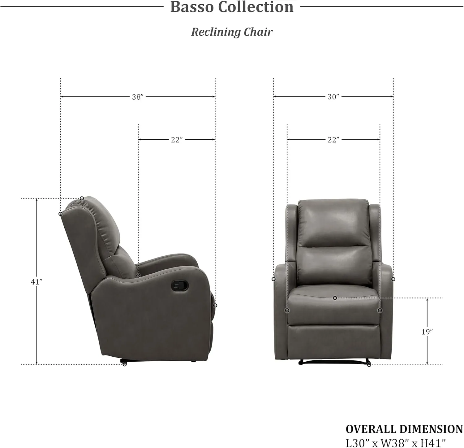 Lexicon Manual Recliner Chair, Reclining Sofa Chair, Home Theater Seating, Wall Hugger, Manual Recliner for Living Room/Office/Apartment, Easy Assembly, Gray Faux Leather