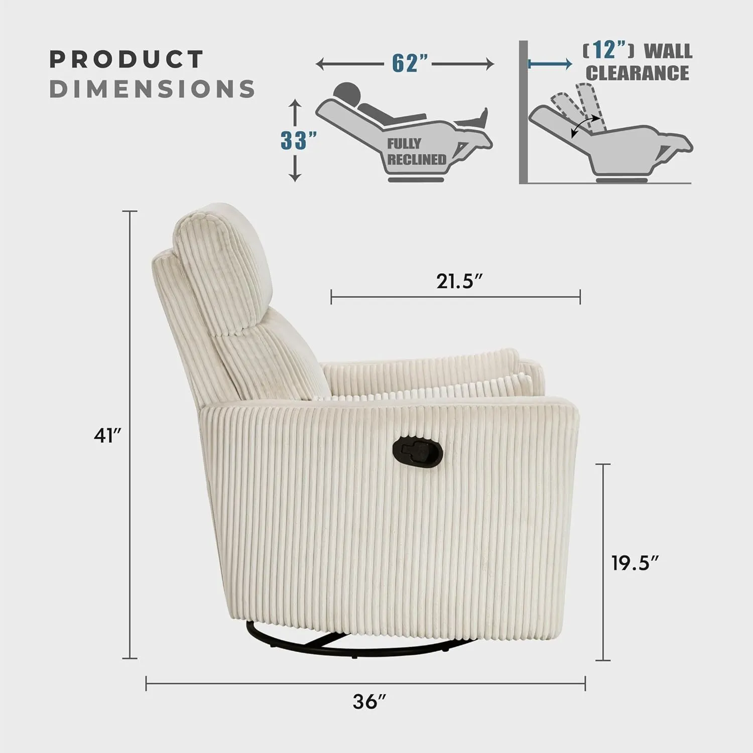Lexicon Modern Swivel Glider Recliner Chair, Nursery Glider, Corduroy Fabric Upholstery Recliner with 2 Lumbar Pillows, Manual Reclining Sofa Chair for Living Room/Office/Apartment, Beige
