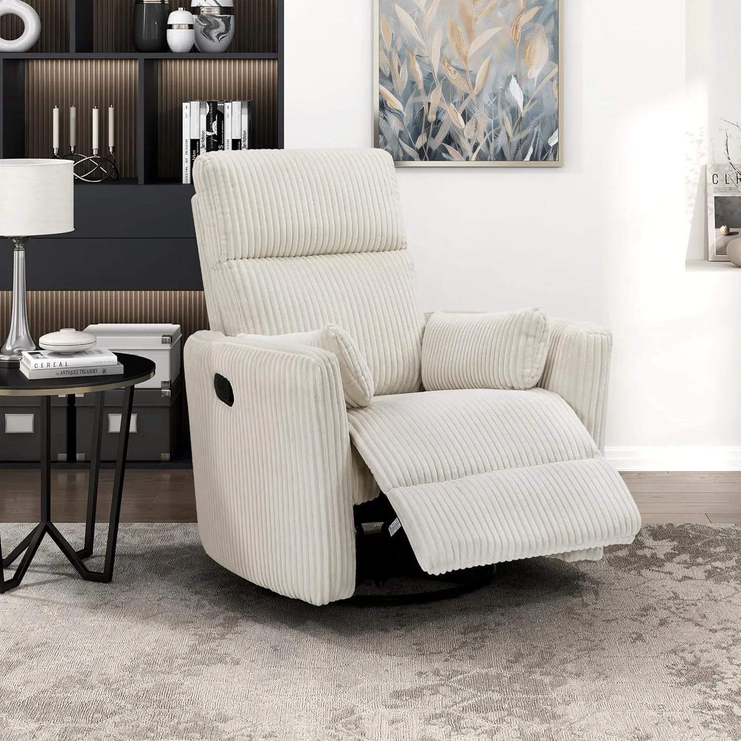 Lexicon Modern Swivel Glider Recliner Chair, Nursery Glider, Corduroy Fabric Upholstery Recliner with 2 Lumbar Pillows, Manual Reclining Sofa Chair for Living Room/Office/Apartment, Beige