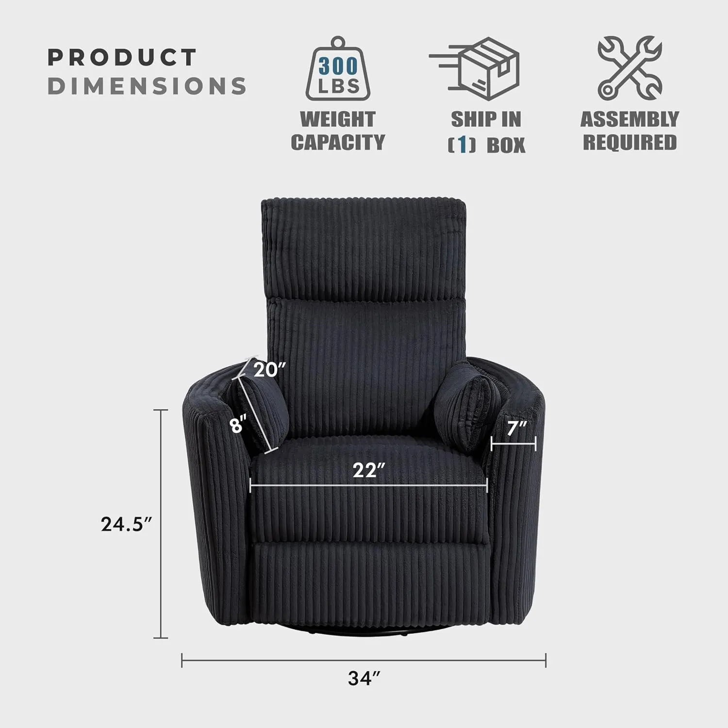 Lexicon Modern Swivel Glider Recliner Chair, Nursery Glider, Corduroy Fabric Upholstery Recliner with 2 Lumbar Pillows, Manual Reclining Sofa Chair for Living Room/Office/Apartment, Black