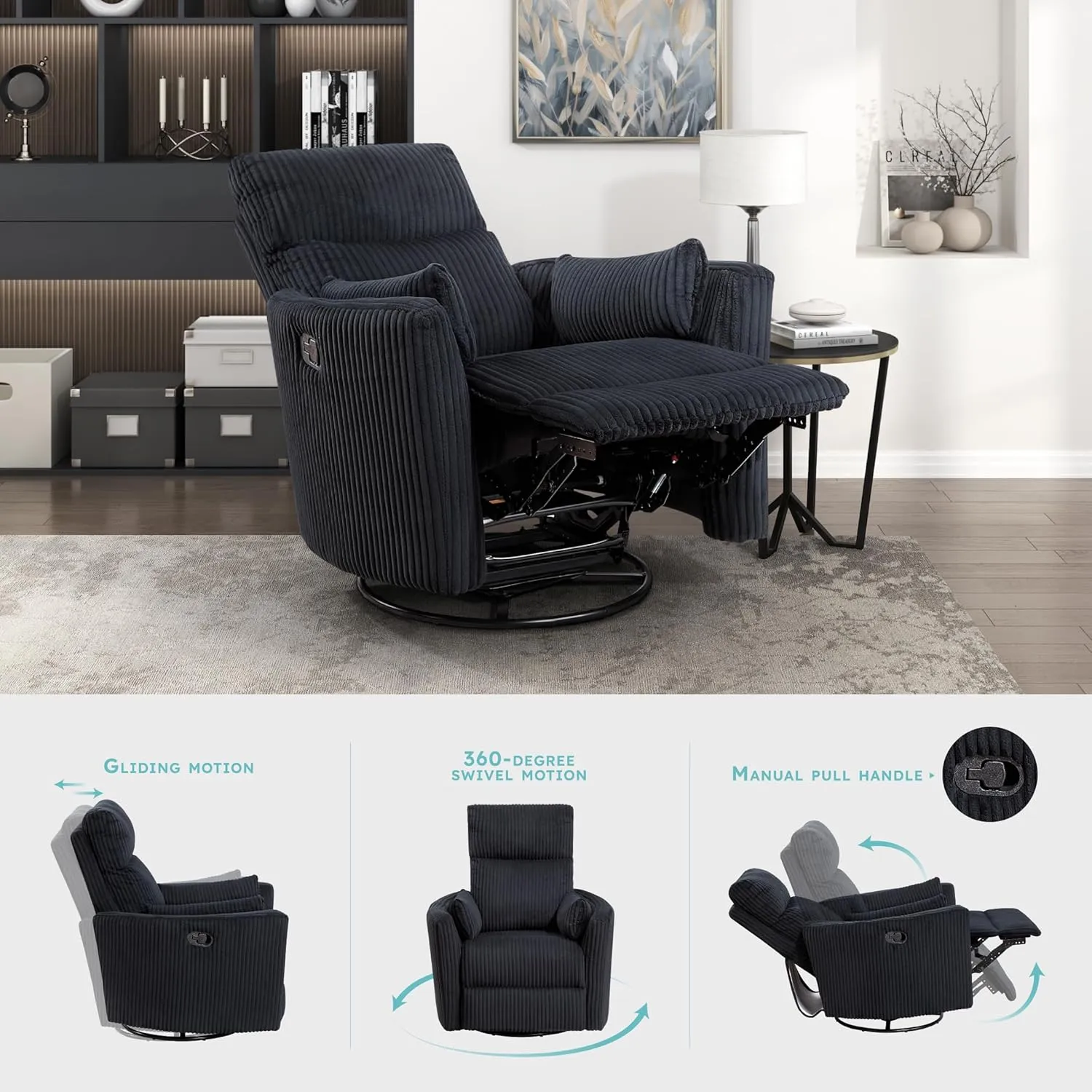 Lexicon Modern Swivel Glider Recliner Chair, Nursery Glider, Corduroy Fabric Upholstery Recliner with 2 Lumbar Pillows, Manual Reclining Sofa Chair for Living Room/Office/Apartment, Black