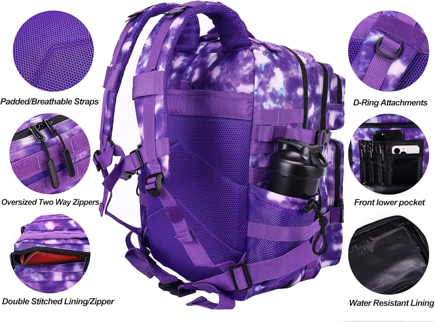 LHI Military Tactical Backpack for Men and Women 45L Army 3 Days Assault Pack Bag Large Rucksack with Molle System - Purple Camo