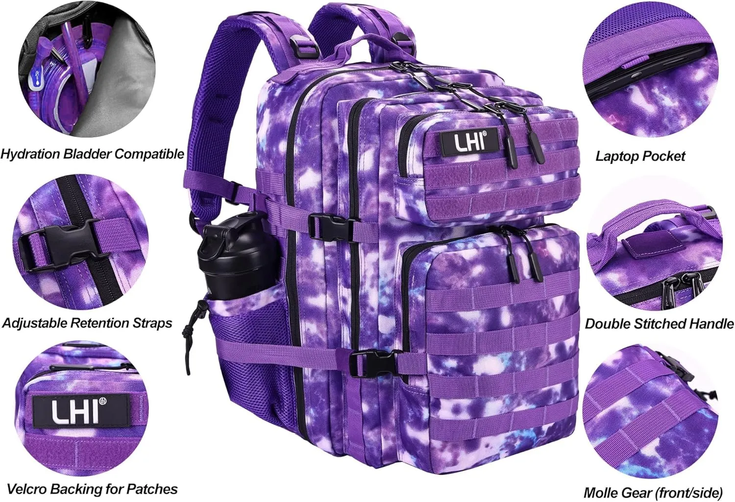 LHI Military Tactical Backpack for Men and Women 45L Army 3 Days Assault Pack Bag Large Rucksack with Molle System - Purple Camo