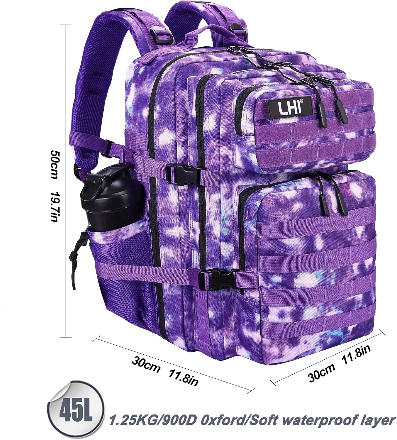 LHI Military Tactical Backpack for Men and Women 45L Army 3 Days Assault Pack Bag Large Rucksack with Molle System - Purple Camo