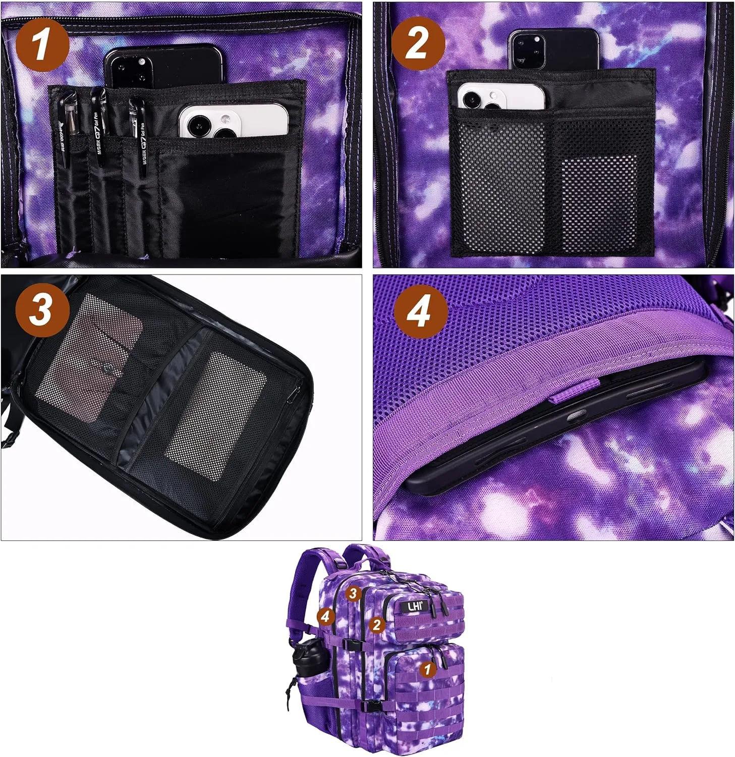 LHI Military Tactical Backpack for Men and Women 45L Army 3 Days Assault Pack Bag Large Rucksack with Molle System - Purple Camo