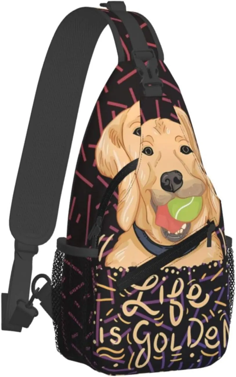 Life Is Golden Retriever Dog Crossbody Backpack Chest Shoulder Bag Lightweight One Strap Travel Hiking Daypack