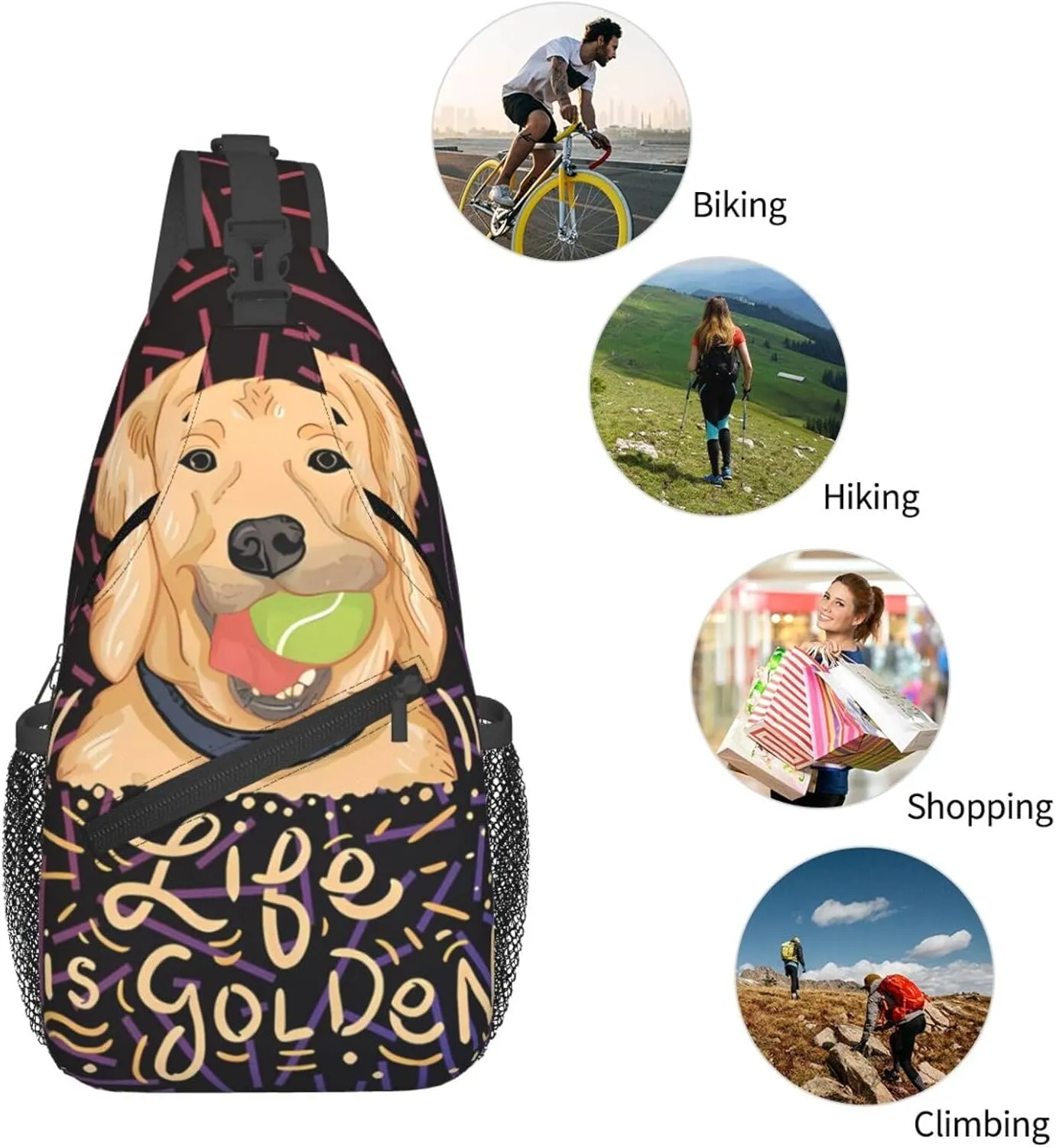 Life Is Golden Retriever Dog Crossbody Backpack Chest Shoulder Bag Lightweight One Strap Travel Hiking Daypack