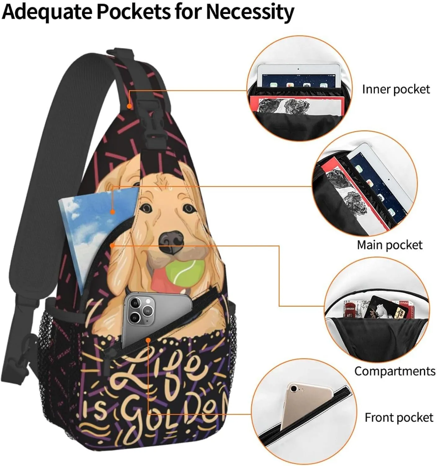 Life Is Golden Retriever Dog Crossbody Backpack Chest Shoulder Bag Lightweight One Strap Travel Hiking Daypack