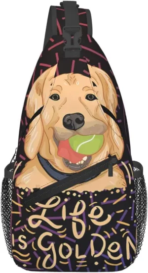 Life Is Golden Retriever Dog Crossbody Backpack Chest Shoulder Bag Lightweight One Strap Travel Hiking Daypack