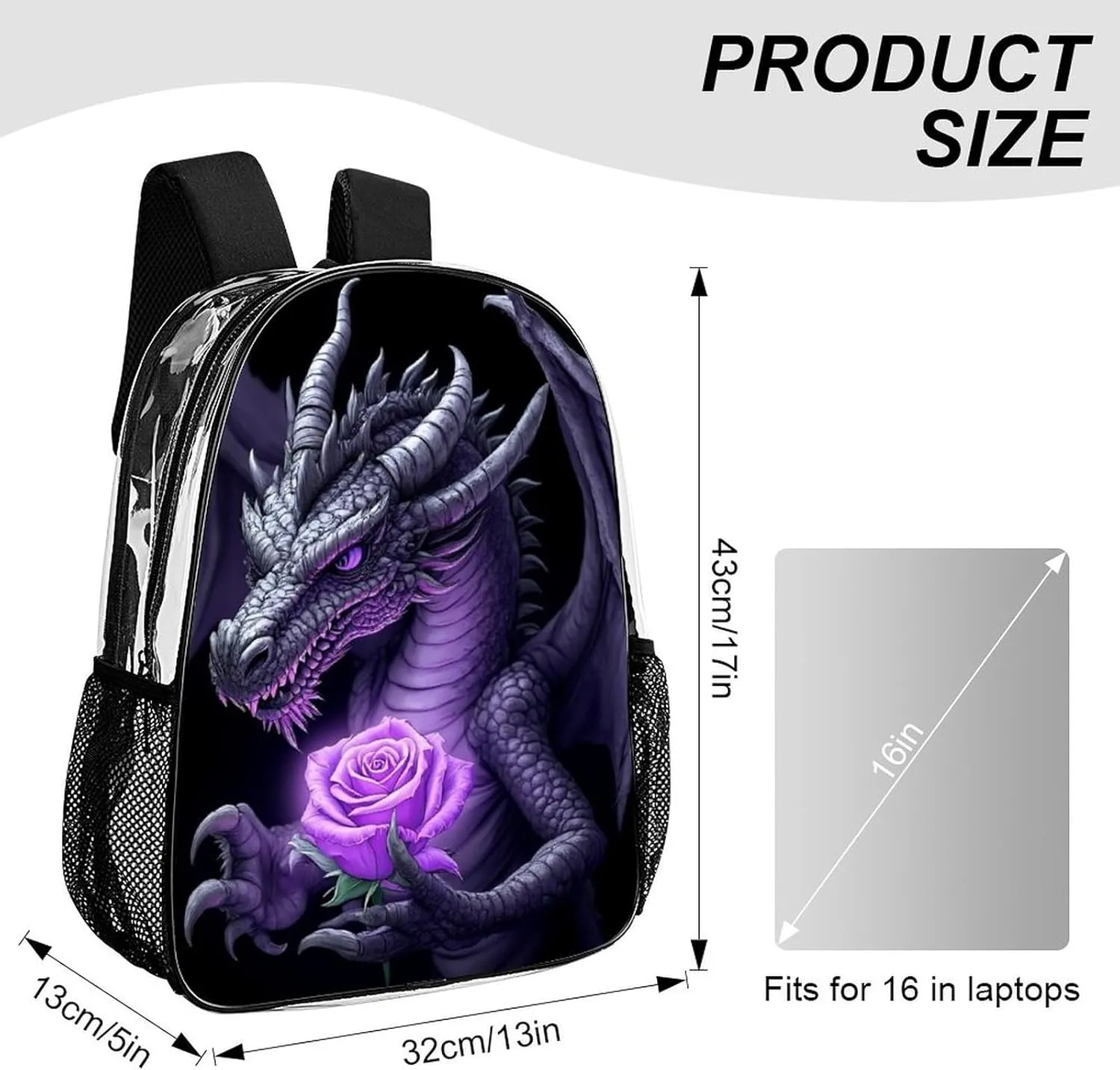 Lightweight Backpack for Gym Travel Bicycle - Big Capacity Multipurpose Transparent Carry On Bag, Cool Dragon Purple Rose Black Travel Hiking Bag & Day Pack