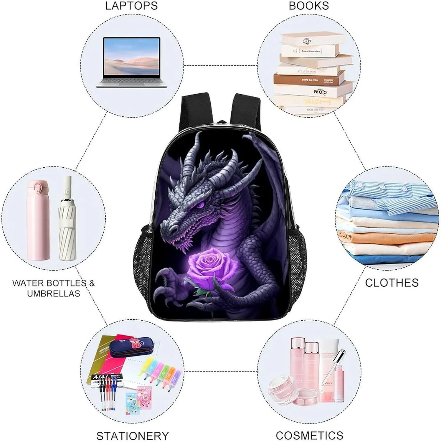Lightweight Backpack for Gym Travel Bicycle - Big Capacity Multipurpose Transparent Carry On Bag, Cool Dragon Purple Rose Black Travel Hiking Bag & Day Pack