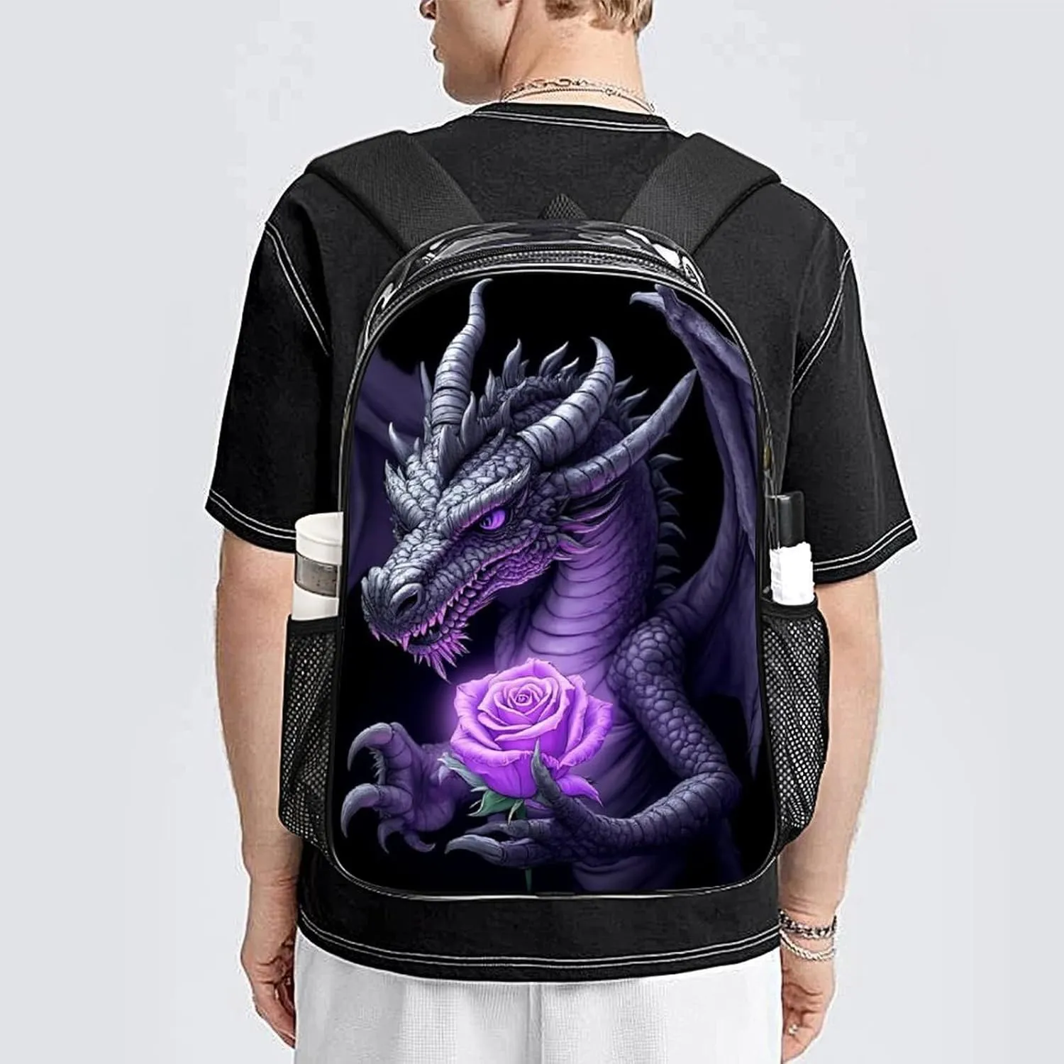 Lightweight Backpack for Gym Travel Bicycle - Big Capacity Multipurpose Transparent Carry On Bag, Cool Dragon Purple Rose Black Travel Hiking Bag & Day Pack