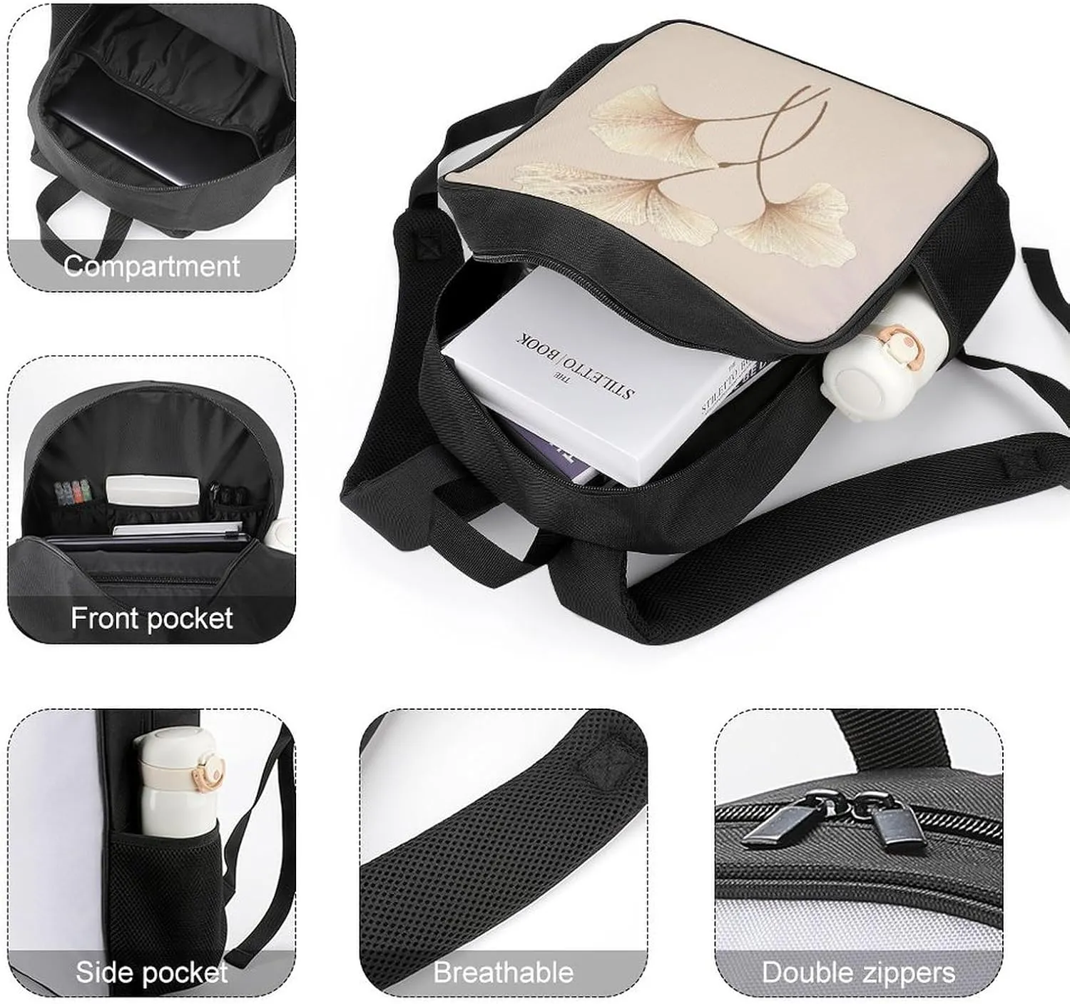 Lightweight Backpacks Cute Travel Bag Durable Brown Ginkgo Leaves Printing Small Travel Backpack For Women & Men