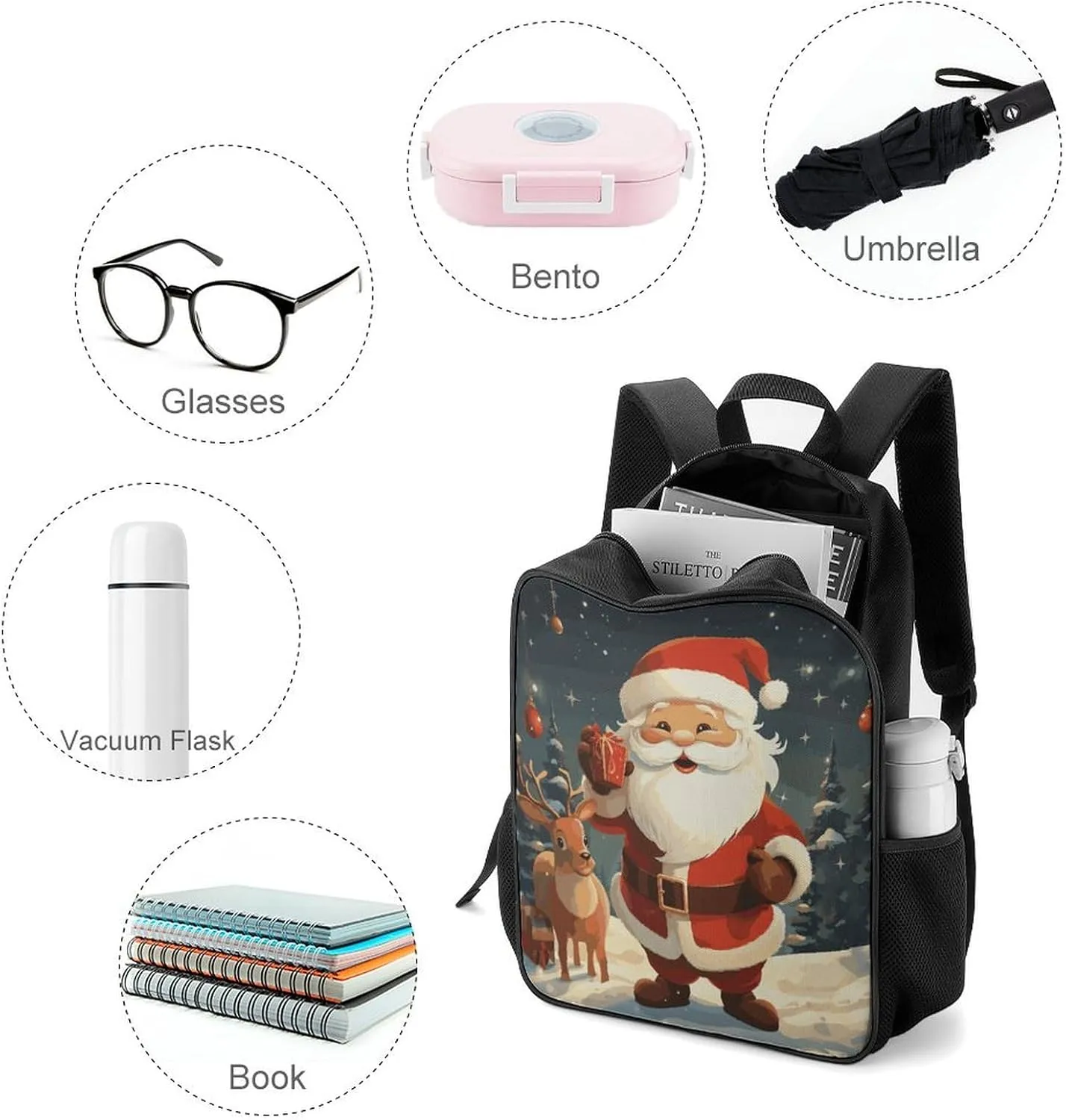 Lightweight Backpacks Cute Travel Bag Durable Christmas Santa Claus Printing Small Travel Backpack For Women & Men