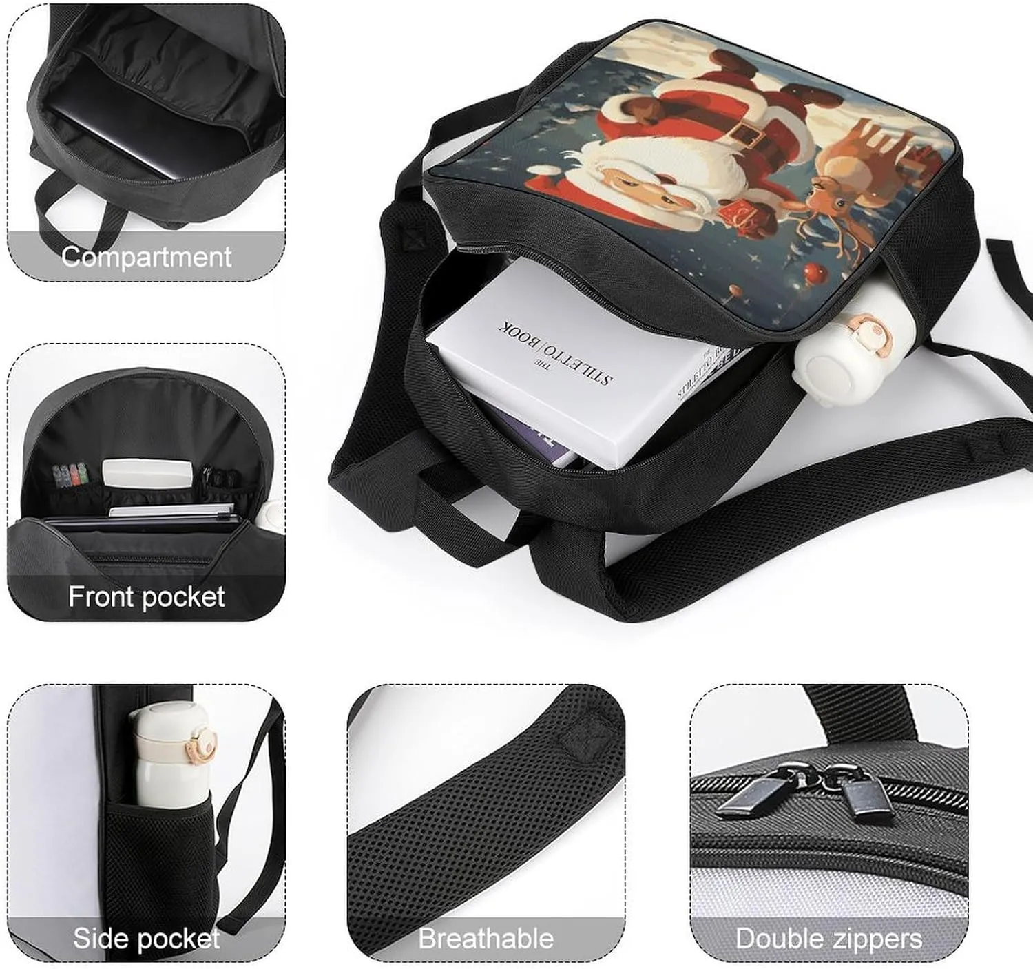 Lightweight Backpacks Cute Travel Bag Durable Christmas Santa Claus Printing Small Travel Backpack For Women & Men