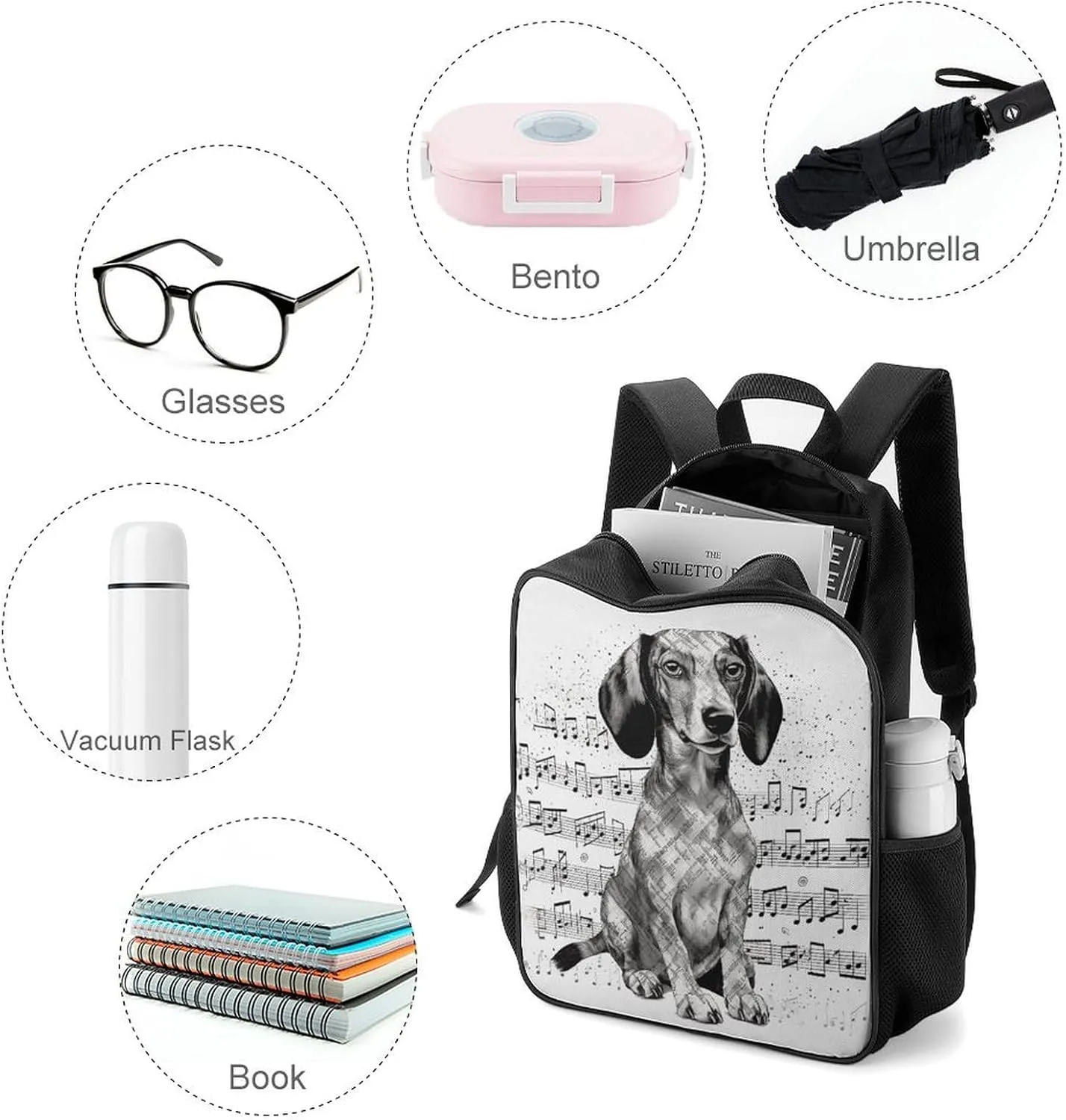 Lightweight Backpacks Cute Travel Bag Durable Dachshund Music Notes Printing Small Travel Backpack For Women & Men