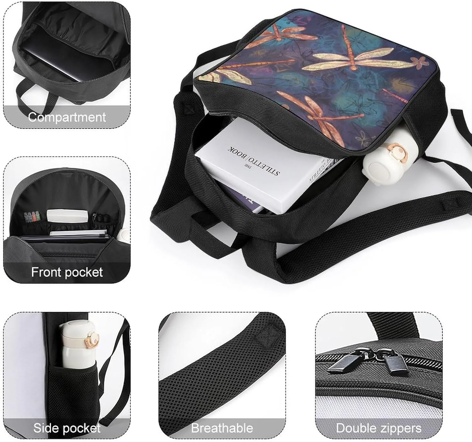 Lightweight Backpacks Cute Travel Bag Durable Hand Painted Dragonfly Printing Small Travel Backpack For Women & Men