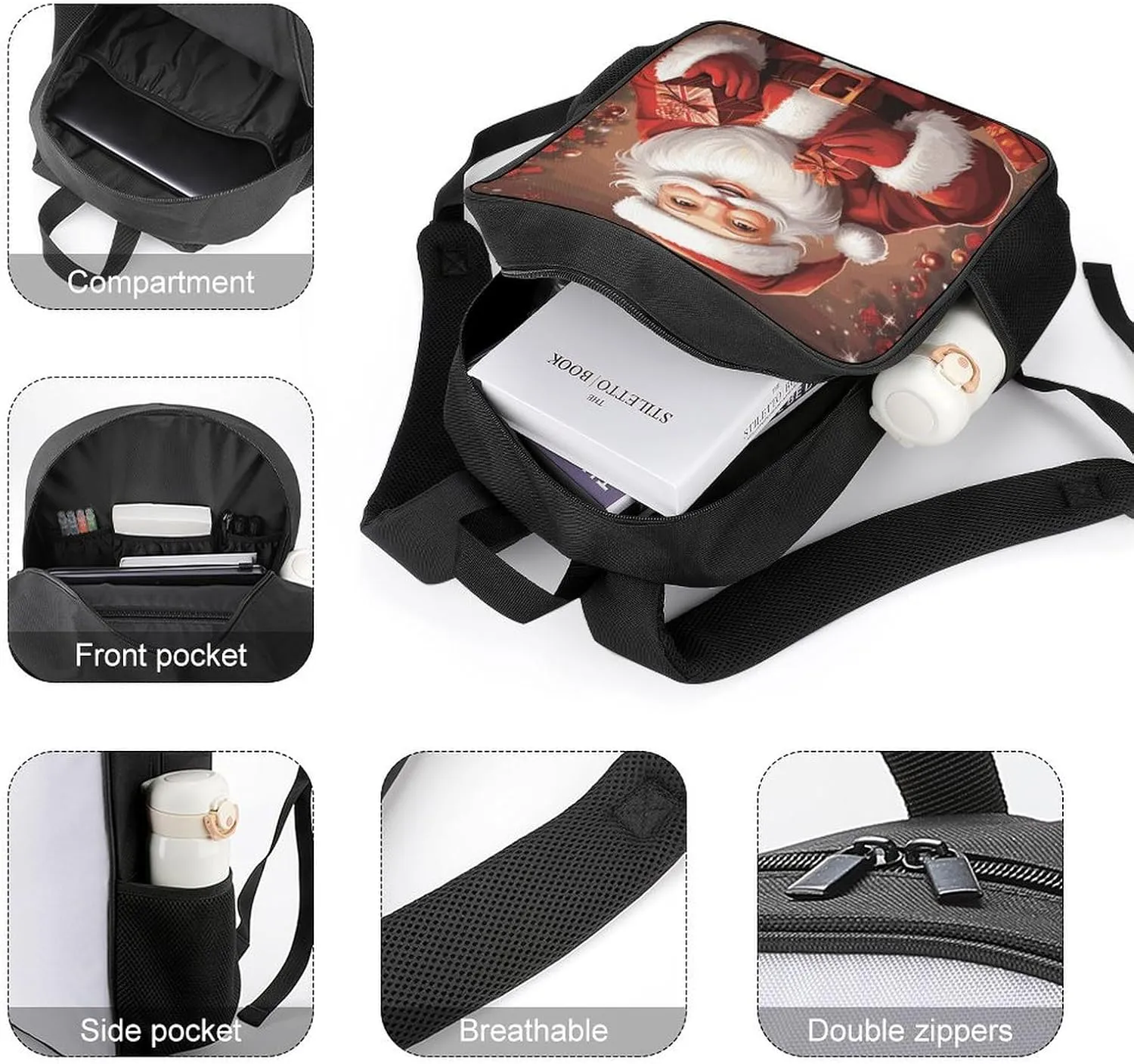 Lightweight Backpacks Cute Travel Bag Durable Santa Claus Xmas Gifts Printing Small Travel Backpack For Women & Men