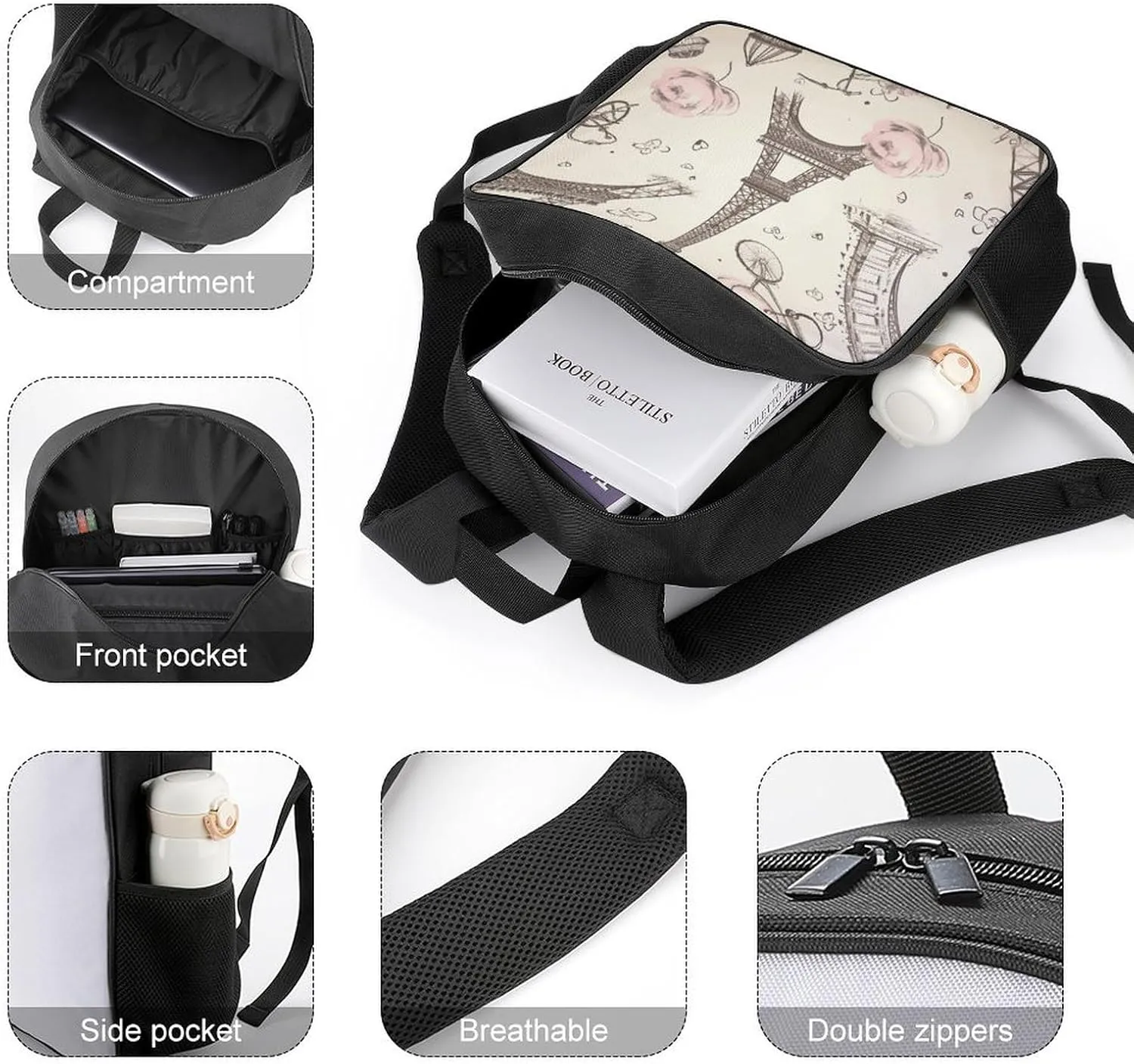 Lightweight Backpacks Cute Travel Bag Durable The Eiffel Tower Printing Small Travel Backpack For Women & Men