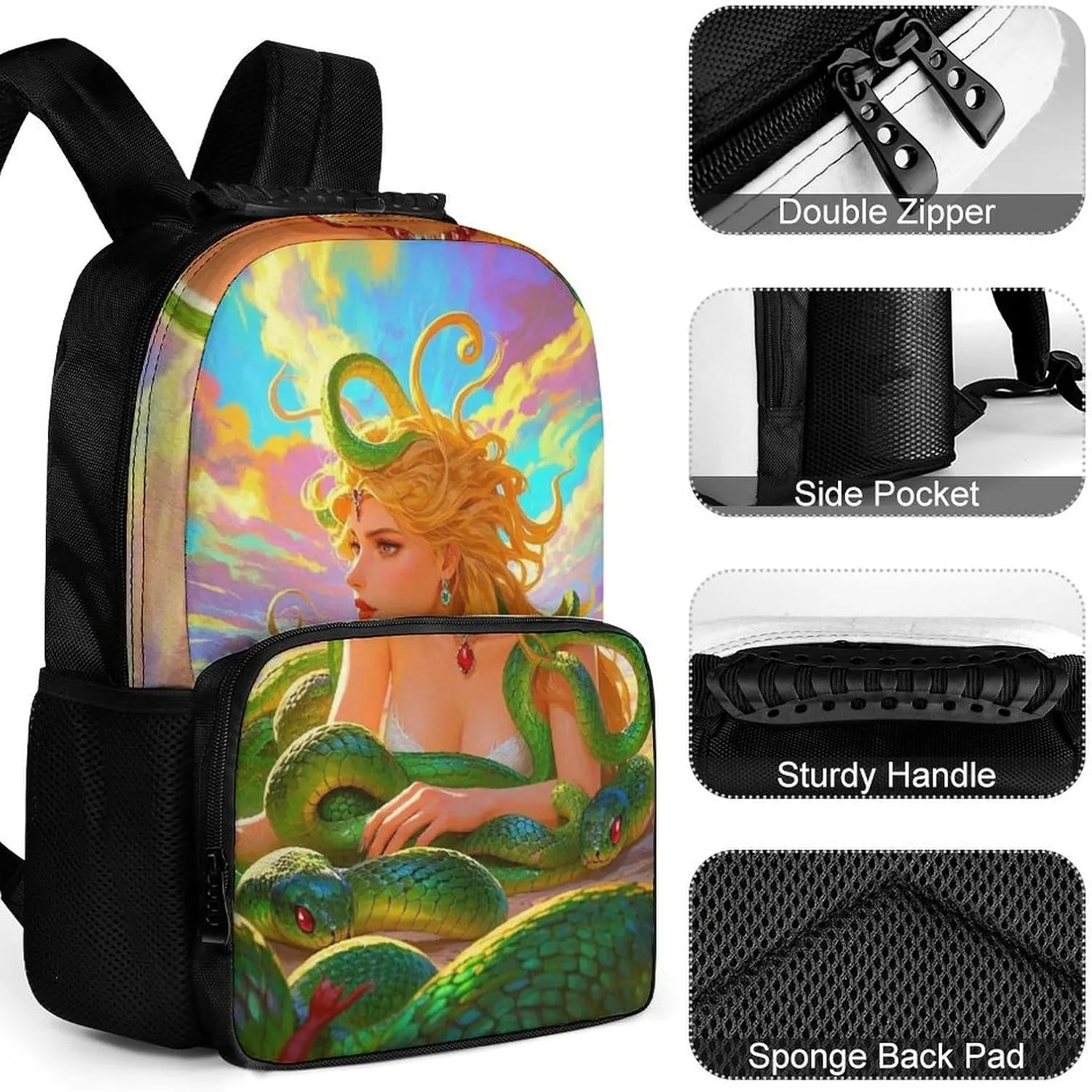 Lightweight Daypack Backpack for Trekking Work Running - Big Capacity Multipurpose Anti-Theft Bookbag, Greek Goddess Woman Medusa Women Snake Psychedelic Art Business Computer Bag