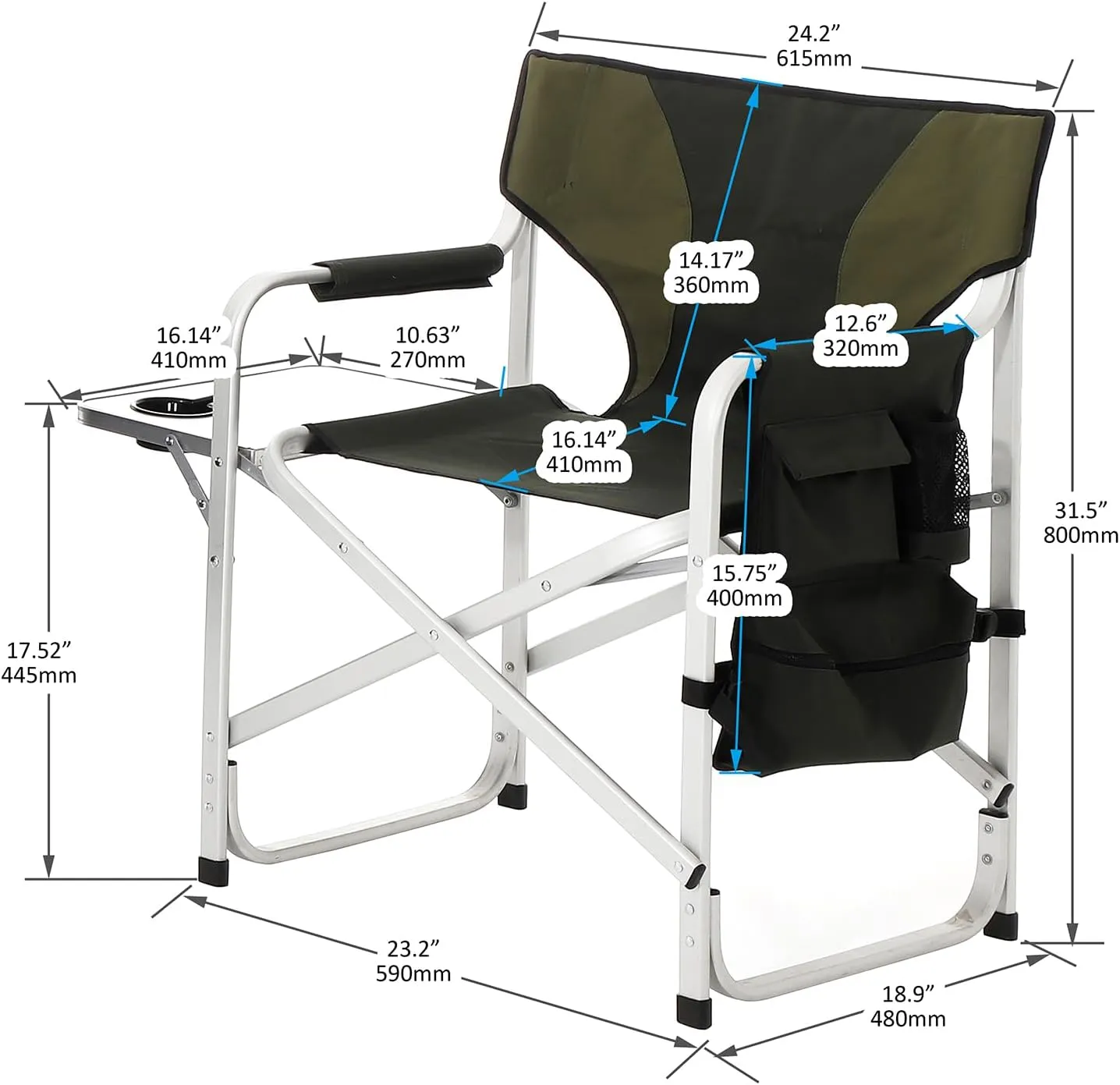 Lightweight Folding Directors Chair, Aluminum Camping Chair with Folding Tray, Cup Holder and Storage Bag, Portable Compact Outdoor Lawn Chair for Tailgating Camp Picnic Fishing Beach, Supports 400lbs