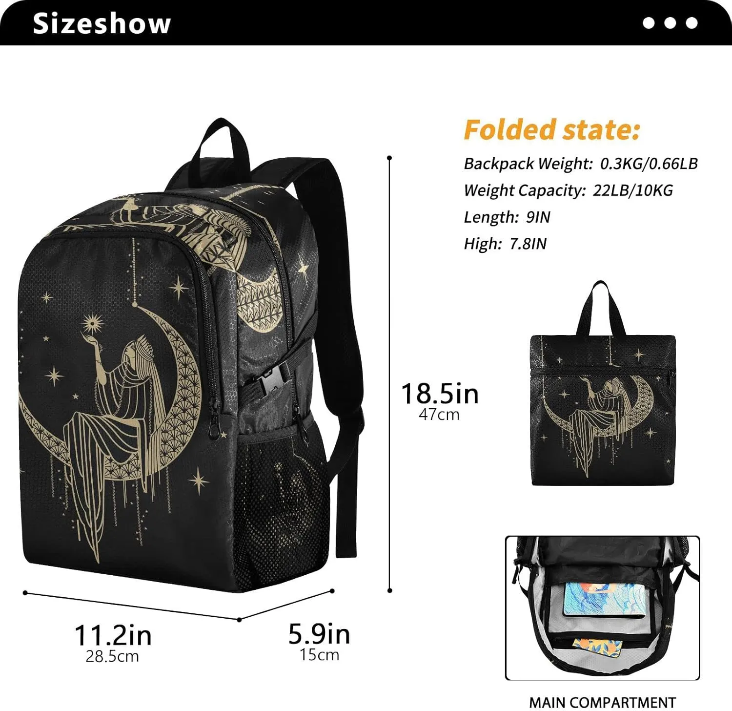 Lightweight Packable Backpack Travel Hiking Daypack Foldable Backpack Sacral Night on Moon for Men Women