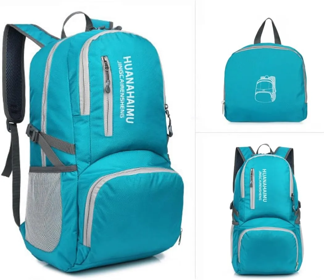 Lightweight Packable Foldable Small Portable 40L Backpack, Travel Trip Camping Hiking Outdoor Sports Backpack City Walking Daypack (Blue green)
