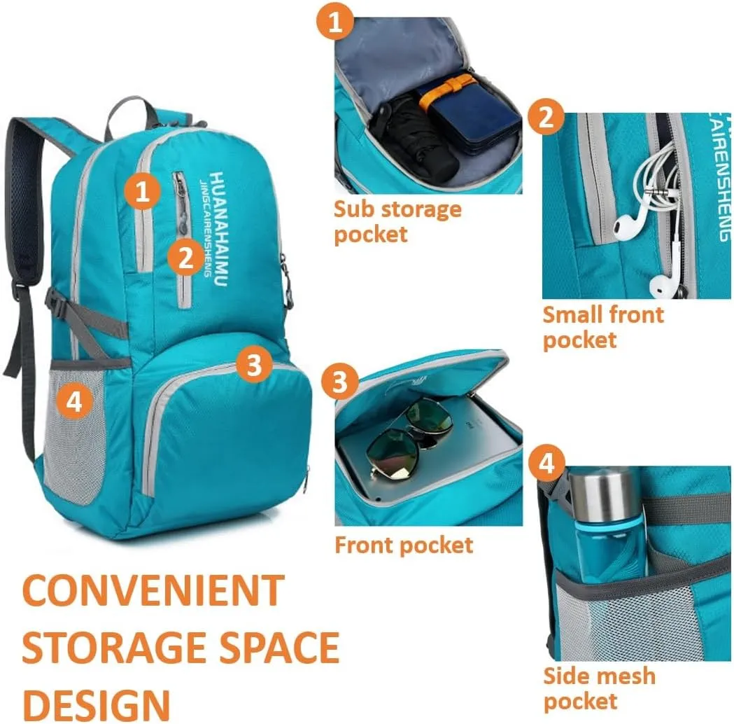 Lightweight Packable Foldable Small Portable 40L Backpack, Travel Trip Camping Hiking Outdoor Sports Backpack City Walking Daypack (Blue green)