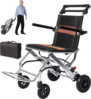 Lightweight Wheelchair,Portable Folding Travel Wheelchair with Hand Brake,Super Lightweight Folding Transit Travel Wheelchair in a Bag,Propelled Steel Wheelchair with Brakes,