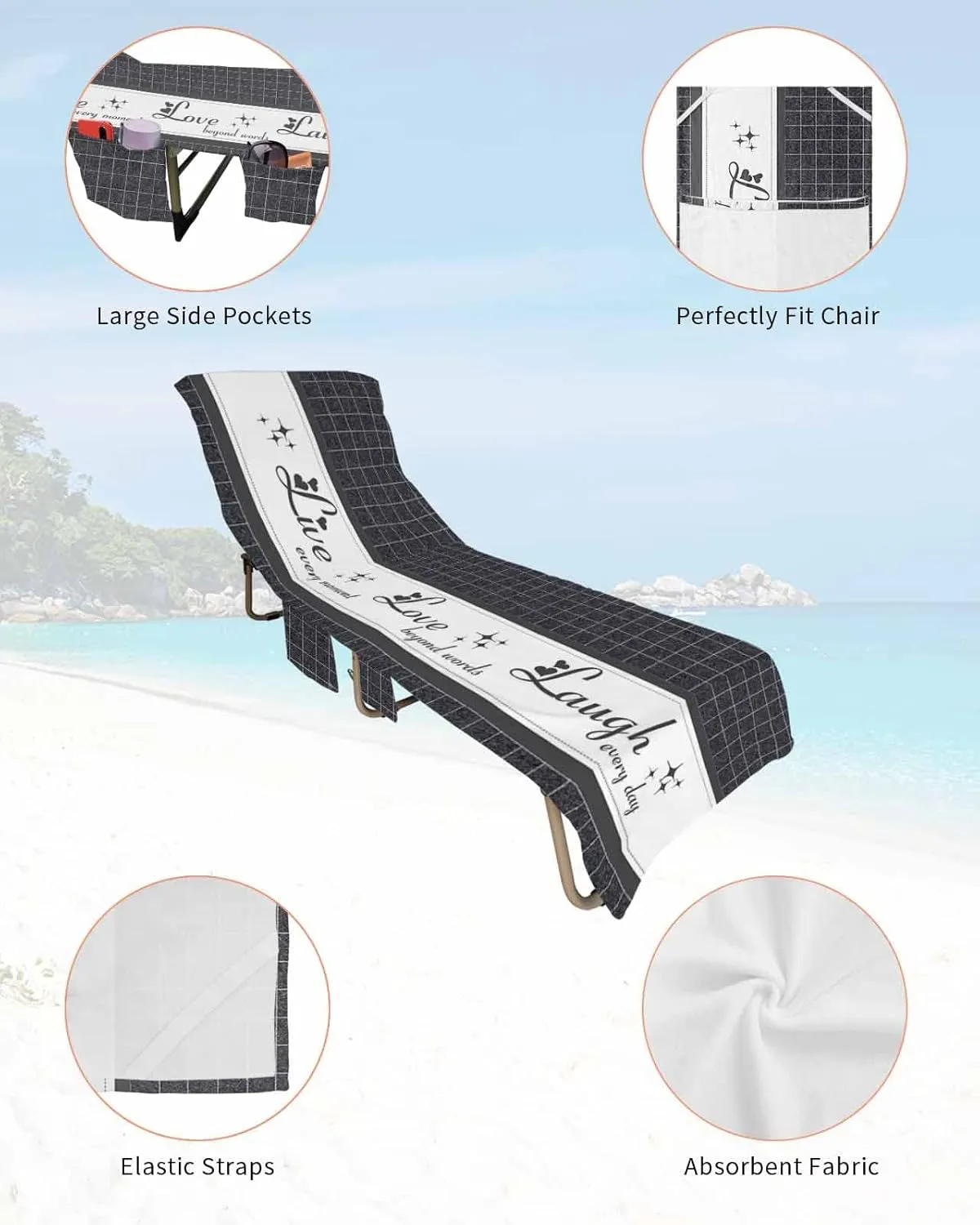 Live Love Laugh Grey Chaise Lounger Cover with Pockets, Pool Lounge Chair Covers 85"x29", Gray Checkered Wall Art Modern Microfiber Beach Chair Cover for Outdoor Patio Sunbathing