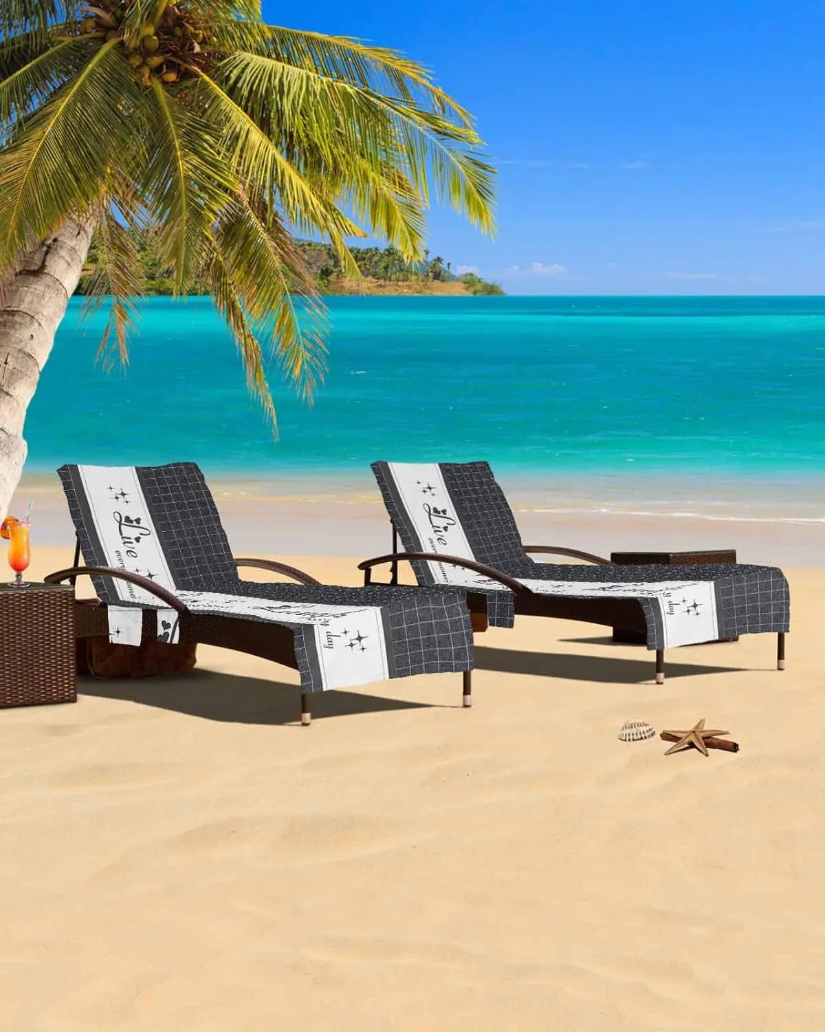 Live Love Laugh Grey Chaise Lounger Cover with Pockets, Pool Lounge Chair Covers 85"x29", Gray Checkered Wall Art Modern Microfiber Beach Chair Cover for Outdoor Patio Sunbathing