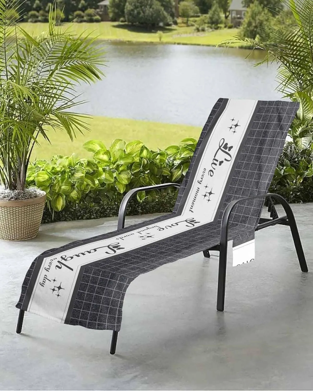 Live Love Laugh Grey Chaise Lounger Cover with Pockets, Pool Lounge Chair Covers 85"x29", Gray Checkered Wall Art Modern Microfiber Beach Chair Cover for Outdoor Patio Sunbathing
