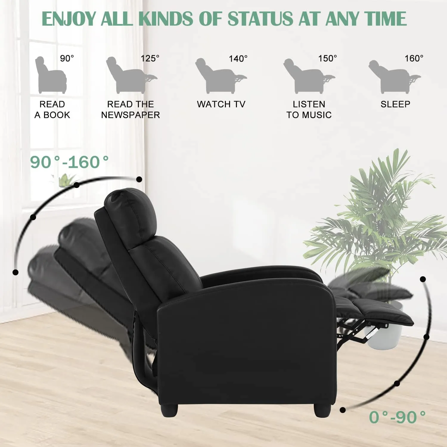 Living Room Recliner Chair Modern Reclining Easy Lounge Winback Single Sofa Reading Chair PU Leather Home Theater Seating Massage Adjustable Accent Armchair w/ Thick Seat Cushion & Backrest, Black