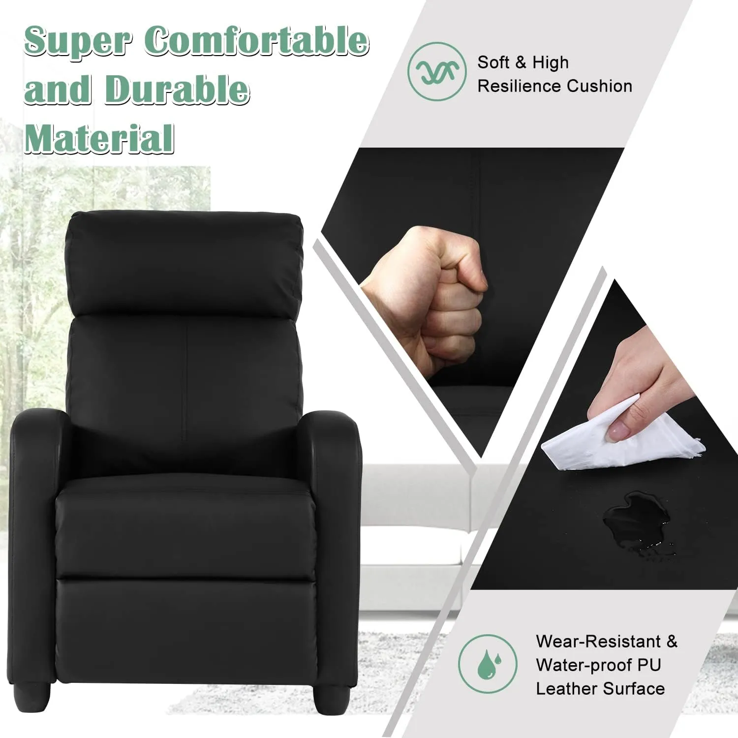 Living Room Recliner Chair Modern Reclining Easy Lounge Winback Single Sofa Reading Chair PU Leather Home Theater Seating Massage Adjustable Accent Armchair w/ Thick Seat Cushion & Backrest, Black
