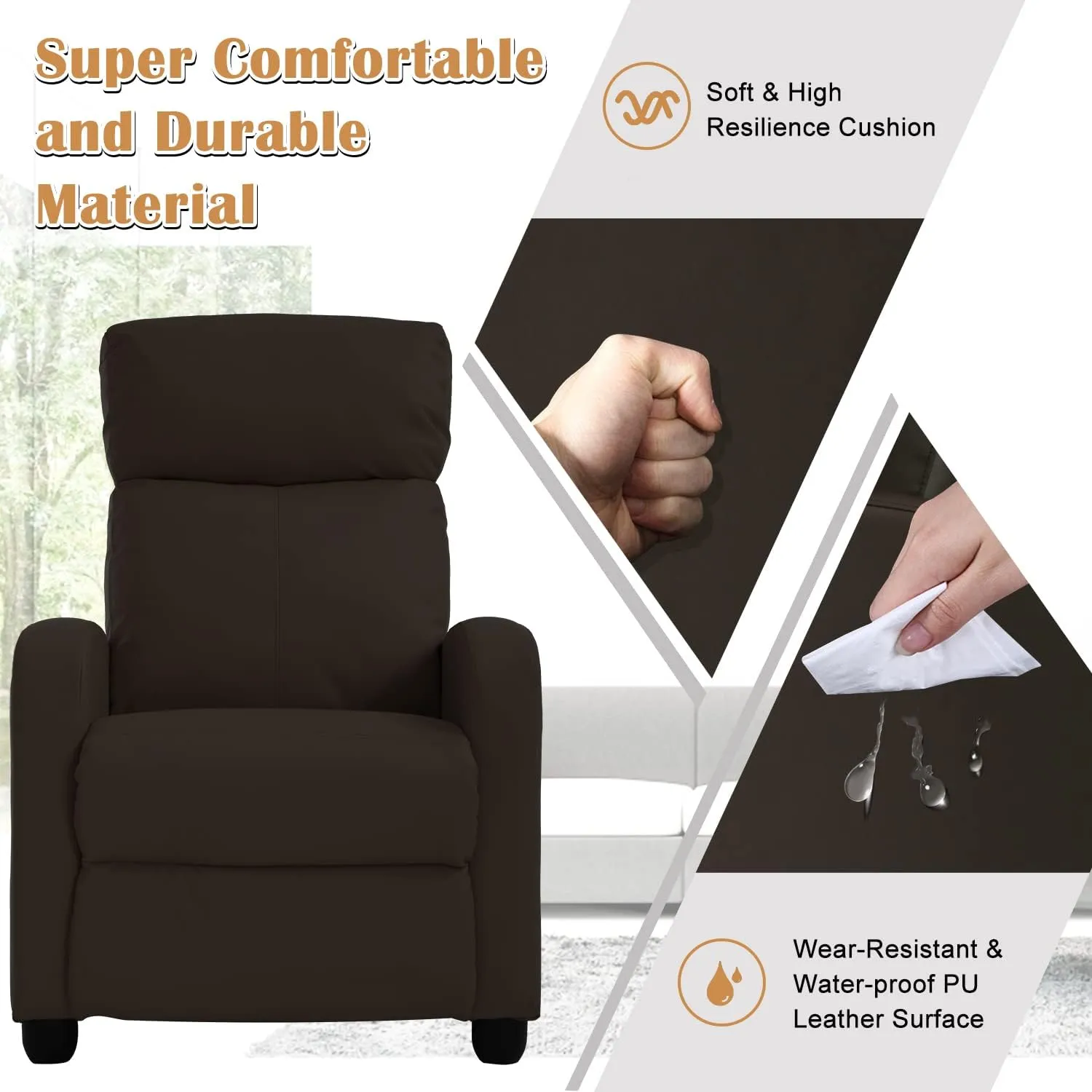 Living Room Recliner Chair Modern Reclining Easy Lounge Winback Single Sofa Reading Chair PU Leather Home Theater Seating Massage Adjustable Accent Armchair w/ Thick Seat Cushion & Backrest, Brown