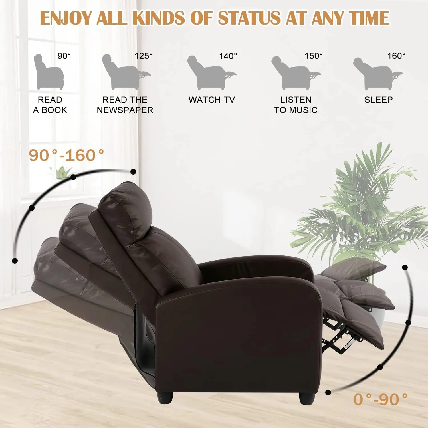 Living Room Recliner Chair Modern Reclining Easy Lounge Winback Single Sofa Reading Chair PU Leather Home Theater Seating Massage Adjustable Accent Armchair w/ Thick Seat Cushion & Backrest, Brown