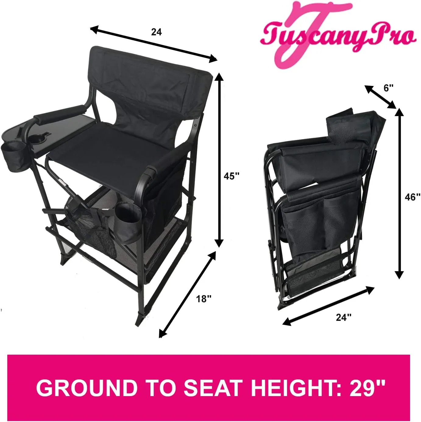 Logo Placement Included-TuscanyPro Portable Heavy-Duty Tall Director Chair - Perfect for Events - 29 Inch Seat Height - 10 Years Warranty - US Patented