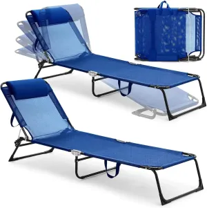 Lounge Folding Sun Lounger 2 Pack Folding Chaise Lounge Chairs Outdoor Adjustable Chair with Reclining Back Detachable Pillow Breathable Mesh Sun Lounger